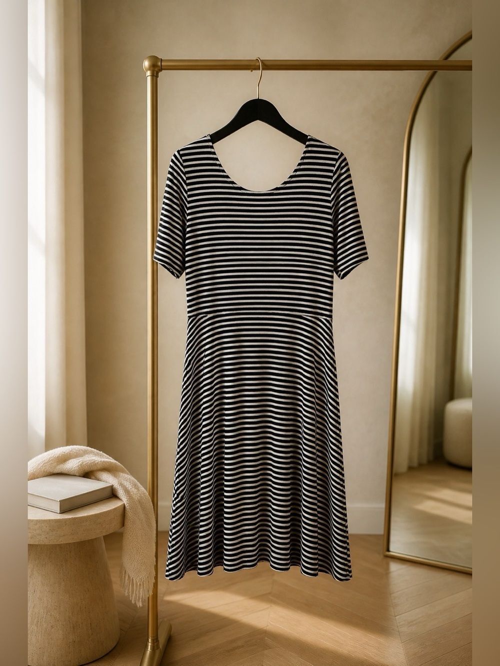 Decree Black and White Striped Midi Dress with Low Back